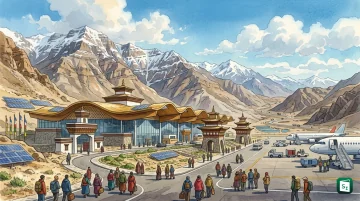 New passenger terminal building at Kushok Bakula Rimpochee Airport in Leh with Himalayan mountains in background