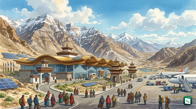 New passenger terminal building at Kushok Bakula Rimpochee Airport in Leh with Himalayan mountains in background