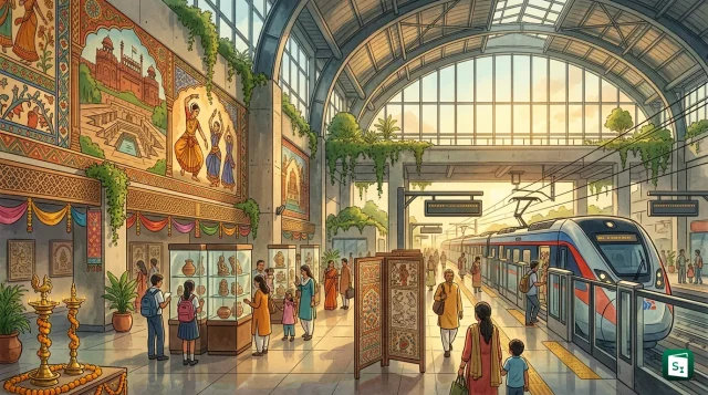 Namo Bharat station with passengers and Indian art and culture display under NCRTC IGNCA partnership