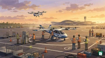 Illustration of an eVTOL electric air taxi flying over Noida International Airport and the Delhi-NCR skyline