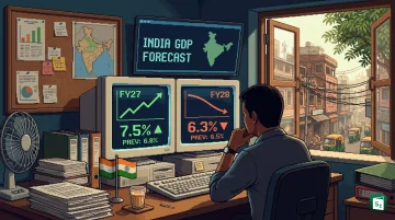 Illustration of India’s GDP growth forecast charts alongside factory output and data centre infrastructure