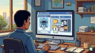 Illustration of an AI assistant interface linked to the DigiLocker digital document wallet and government service systems