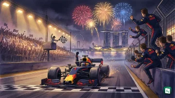 Max Verstappen celebrates his first Singapore Grand Prix victory at the Marina Bay Street Circuit under floodlights