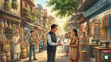Illustration of a small Indian manufacturing unit with an insurance shield protecting its workers and machinery