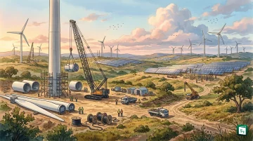 ReNew Energy renewable energy project site with solar panels and wind turbines in India