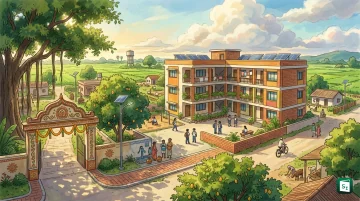A rural Indian village with newly built roads, a school and a student hostel representing PM-AJAY development