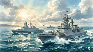Indian Navy ships INS Nilgiri and INS Kamorta with Singapore Navy ship RSS Supreme during SIMBEX 2026 in Visakhapatnam