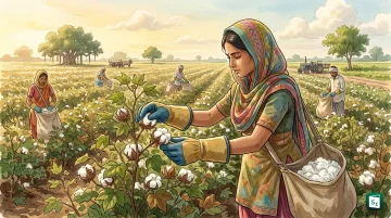 Cotton picking worker wearing protective gloves during harvest in an Indian cotton field