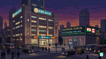 IDBI Bank headquarters in Mumbai with graphic showing 60.72 percent stake sale to Fairfax for ₹52,878 crore