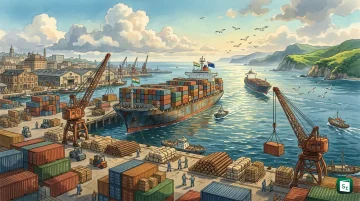 Cargo containers and flags of India and New Zealand symbolising the free trade agreement entry into force