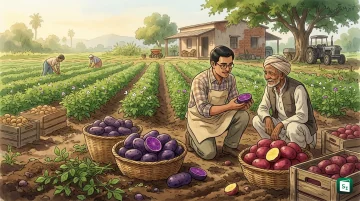 Cross section of purple fleshed Kufri Jamunia potatoes showing deep purple skin and flesh