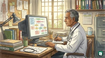 Illustration of Microsoft MAI-DxO virtual panel of doctors analysing patient diagnosis data