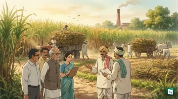 Sugarcane field with sugar mill in background representing FRP and sugar MSP review