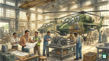 HAL Prachand light combat helicopter fitted with chin mounted 20 mm gun turret in flight
