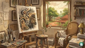 Portrait style illustration of painter Jogen Chowdhury with ink line artwork in background