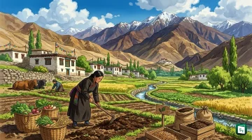 Terraced organic barley fields in Ladakh with snow capped Himalayan mountains in background
