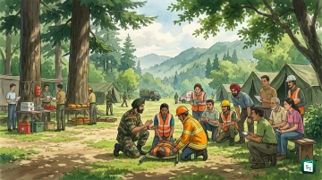 Civil Defence volunteers in uniform during emergency preparedness training with Indian Army instructors