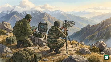 Soldier using portable electronic intelligence module to monitor radar signals in mountainous terrain