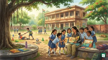 School children playing sport in classroom activity promoting clean sport values of respect and fairness