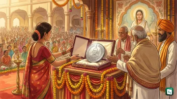 President Droupadi Murmu releasing ₹200 commemorative coin for Mata Sahib Hasi Devi Ji at Lok Bhavan Raipur