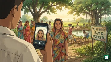 Rural workers at a VB-G RAM G worksite with a supervisor recording geo tagged attendance on the NMMS 2.0 app