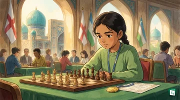 Eleven year old Bodhana Sivanandan playing chess for England at the Chess Olympiad in Samarkand
