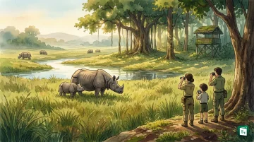 Greater one-horned rhinoceros grazing in Kaziranga National Park grassland in Assam