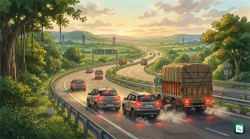 Cars and trucks on an Indian highway with radar based automatic emergency braking illustration
