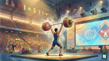 Weightlifter lifting barbell overhead at World Weightlifting Championships