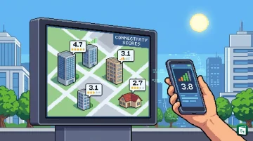 Illustration of TRAI Digital Connectivity Rating platform assessing mobile and internet connectivity inside residential and office buildings