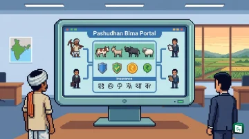 Dairy farmer with insured cows representing the Pashudhan Bima Portal under National Livestock Mission