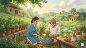 Ayurvedic herbs, mortar and Lord Dhanvantari pot symbolising National Ayurveda Day on 23 September