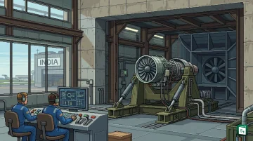 Jet engine mounted on test stand inside an aero-engine testing facility in India