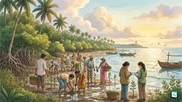 Indian coastline with mangroves, fishing boats and coral reef illustration representing National Coastal Mission 2.0