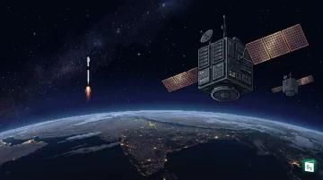 Illustration of two networked orbital data centre satellites with solar panels linked by laser in Earth orbit