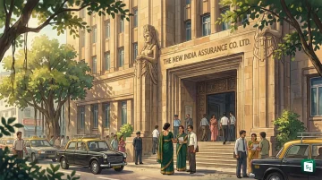 Head office of New India Assurance in Mumbai with logo and text on leadership change