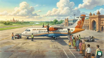 Aircraft flying over Ayodhya with airport and temple town in view representing new Air Ayodhya regional connectivity