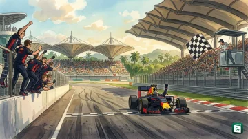Max Verstappen celebrating Red Bull victory at Sepang after winning F1 Bahrain Grand Prix in Malaysia 2026