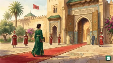 Fatima Ezzahra El Mansouri, Morocco’s first woman prime minister, with Morocco flag and Rabat skyline