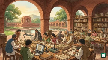 New Nalanda University campus at Rajgir in Bihar with modern buildings and lawns