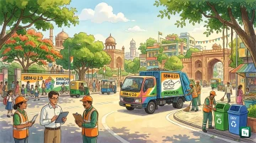 Urban sanitation workers and clean city street representing PRAGATI-50 role model cities mission