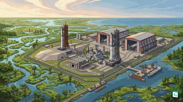 Concept illustration of SpaceX Starbase Louisiana with multiple Starship launch towers on the Louisiana Gulf Coast
