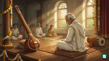 Portrait of Carnatic vocalist S R Janakiraman with veena and temple backdrop representing his music legacy