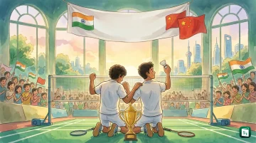 Satwiksairaj Rankireddy and Chirag Shetty celebrating after winning the China Masters men’s doubles title in Shenzhen