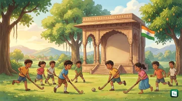 Young Indian athletes playing hockey and other sports to mark National Sports Day on 29 August