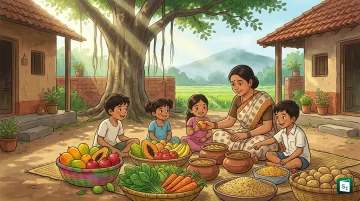 Anganwadi worker counselling mothers on balanced diet during National Nutrition Week in India