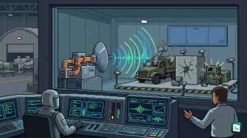 Illustration of DRDO SHIELD high-power microwave evaluation system testing drone electronics