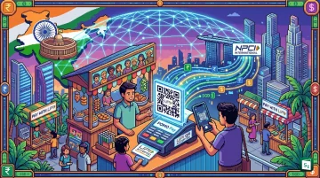 Indian traveller paying with UPI QR code at a merchant outlet in Singapore