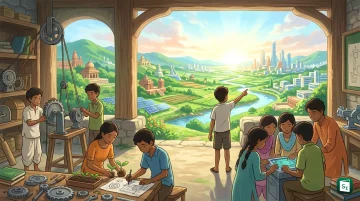 Illustration showing young people transitioning from education to employment, representing India's skilling and employability challenge