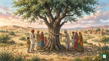 Forest personnel and Bishnoi community paying tribute on National Forest Martyrs Day with Khejri trees in background